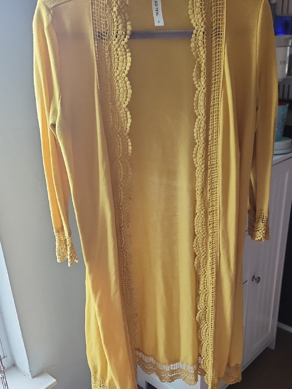 TICKLED TEAL Mustard Yellow Crochet-Trim Open Cardigan